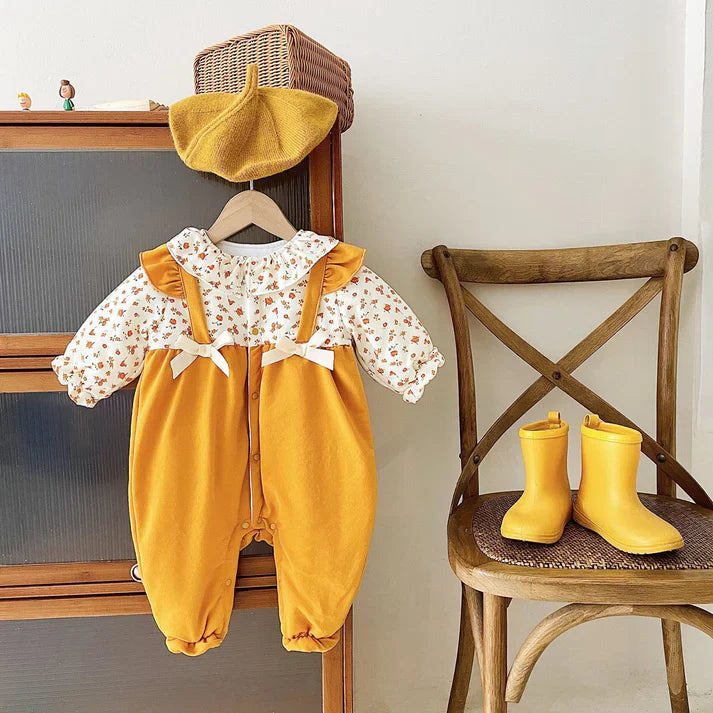 Baby Girl Ditsy Flower Pattern False Design Thickened Thermal Jumpsuit